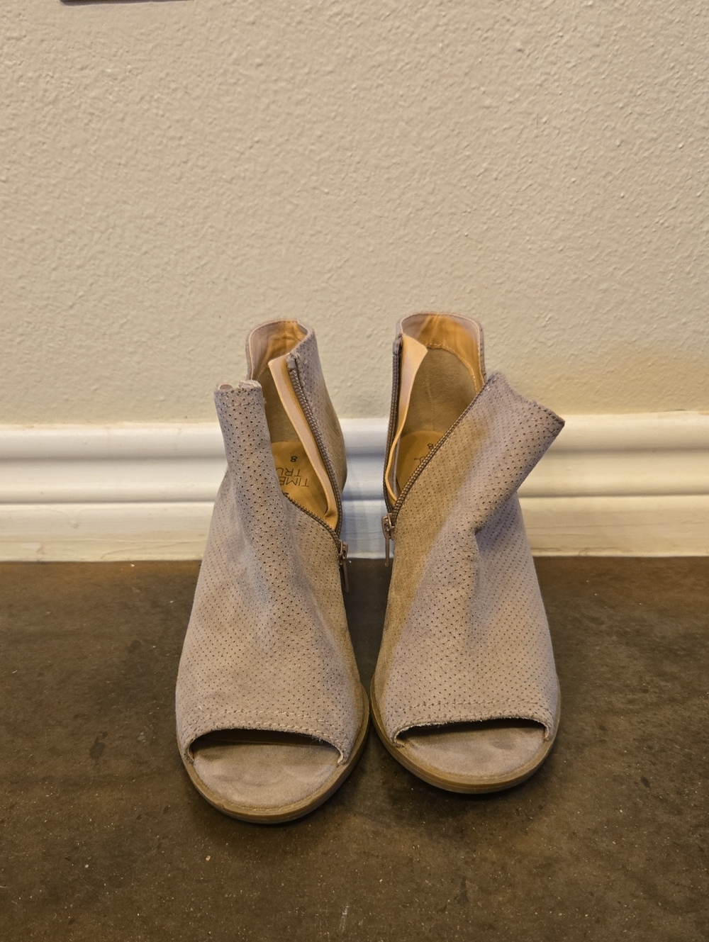 Time and Tru Open-Toe Perforated Ankle Booties in Taupe